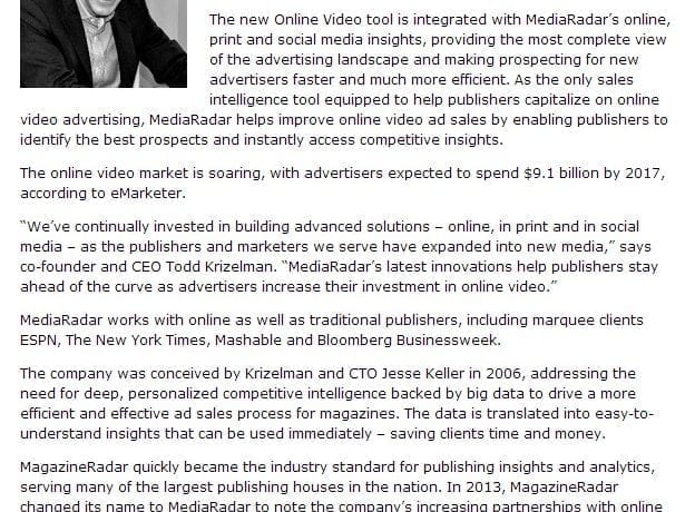 MediaRadar Adds Online Video Advertising Solution to Portfolio