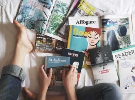 magazines on bed