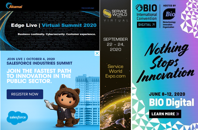 Mix of b2b virtual event ads akamai salesforce biodigital serviceworld expo